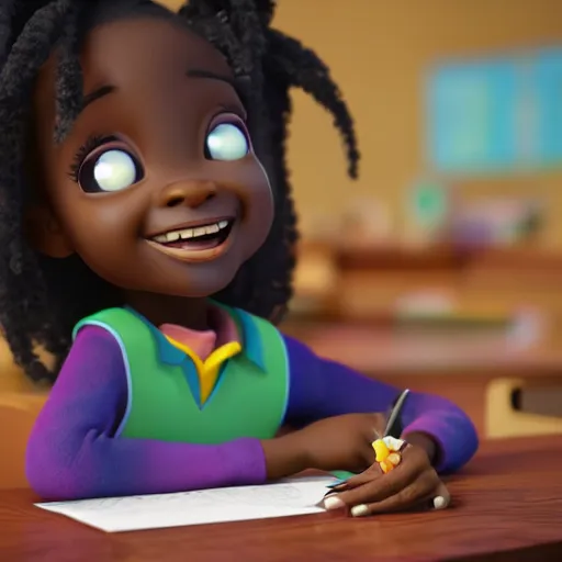 Image similar to stunning, coherent, impressive, detailed still of happy black little girl in school sitting on desk, follow shot, 3d, in the style of pixar, comic book style, 3d, highly detailed, sharp focus, bokeh, depth of field, 16k resolution, Unreal Engine 5, coherent, cinematic lighting, photorealistic, by Zhang Jingna
