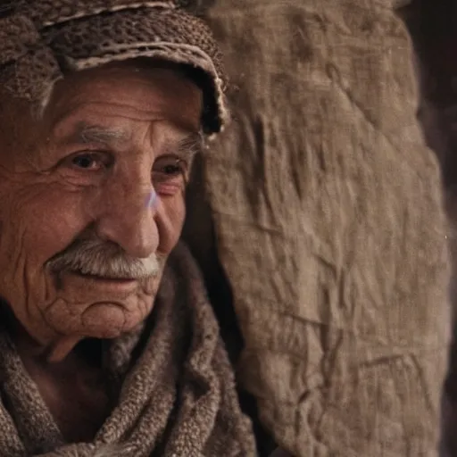 Image similar to cinematic film still of 80 year old man in ancient Canaanite clothing building Noah's Ark, directed by Steven Spielberg