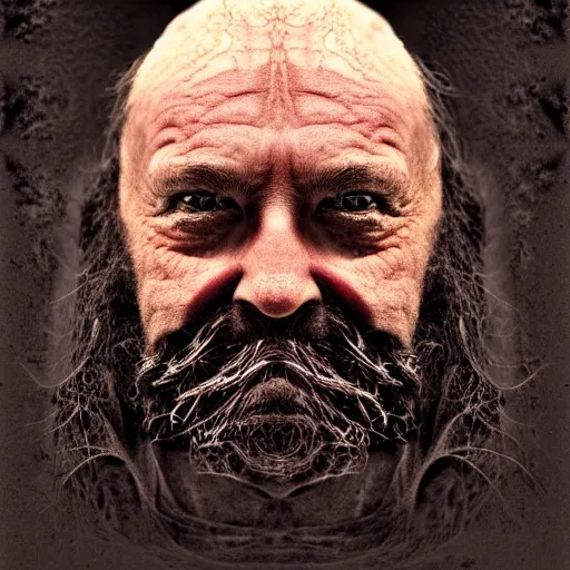 Image similar to portrait of the exiled god, polaroid, cosmic horror, photo realistic, flesh, nightmare, demon, old man, beard, no eyes, hate, anger, monster