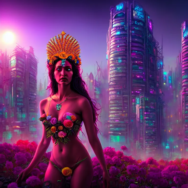 Image similar to Beautiful 3d render of the flower queen goddess in a sensual pose, in the style of Dan Mumford, with a crowded futuristic cyberpunk city in the background, astrophotgraphy