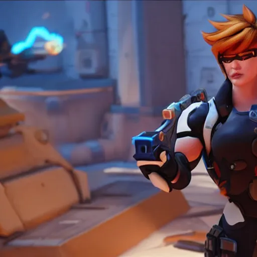 Image similar to a screenshot of arnold schwarzenegger as tracer in overwatch