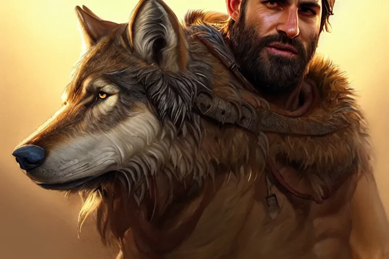 Prompt: photorealistic full body portrait of a gruff biblical ranger with a wolf, lean and toned, handsome face, hairy chest and hairy body, D&D, intricate, elegant, highly detailed, digital painting, artstation, concept art, matte, sharp focus, chiaroscuro, well lit, illustration, art by Artgerm and Greg Rutkowski and Alphonse Mucha