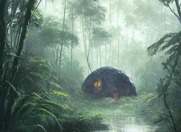 Image similar to a beautiful painting of a geodesic house in a moist tropical rainforest, by greg rutkowski, realism, artstation, nature