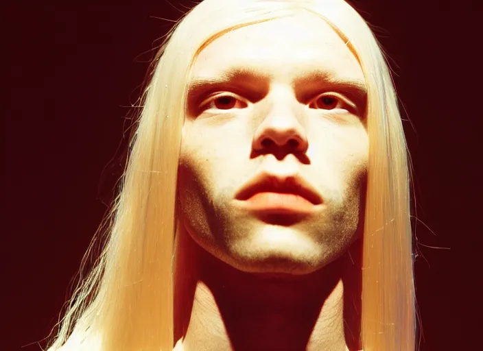 Prompt: waifish androgynous person with long blond hair on stage in front of a computer and alien instruments zeiss lens algorithm code masterpiece stage lighting photograph by wolfgang tillmans