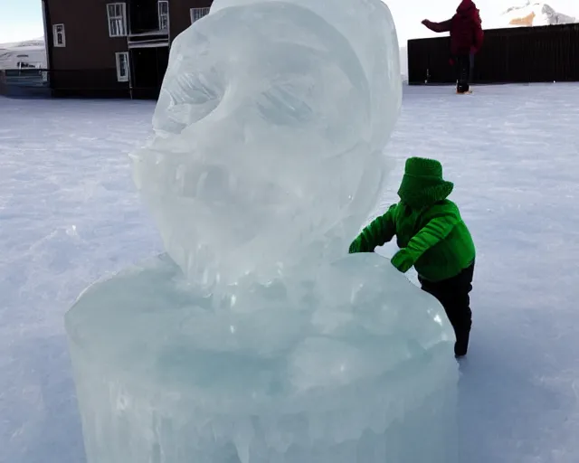 Image similar to ice sculpture. there is a little blonde boy trapped in the figurine made of ice. antartica