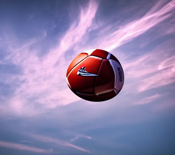 Image similar to a 4 k photorealistic photo of a football flying through the sky