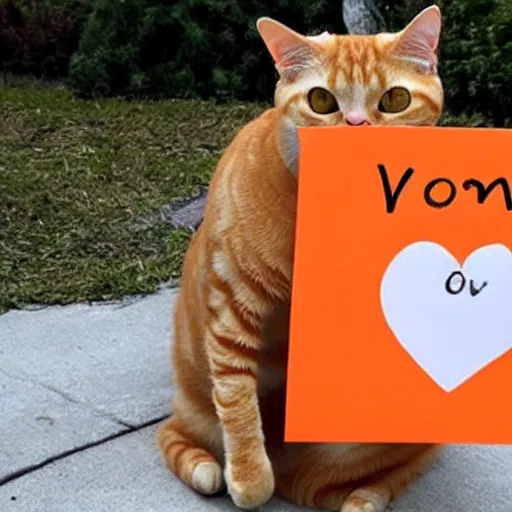 Image similar to orange tabby cat holds sign that says