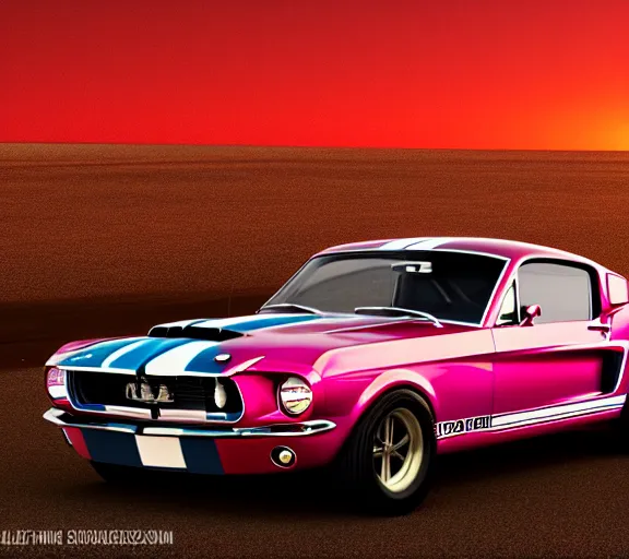 Image similar to shot of 1967 Ford mustang Shelby GT500 in pink color at sunset in front a beach, octane render