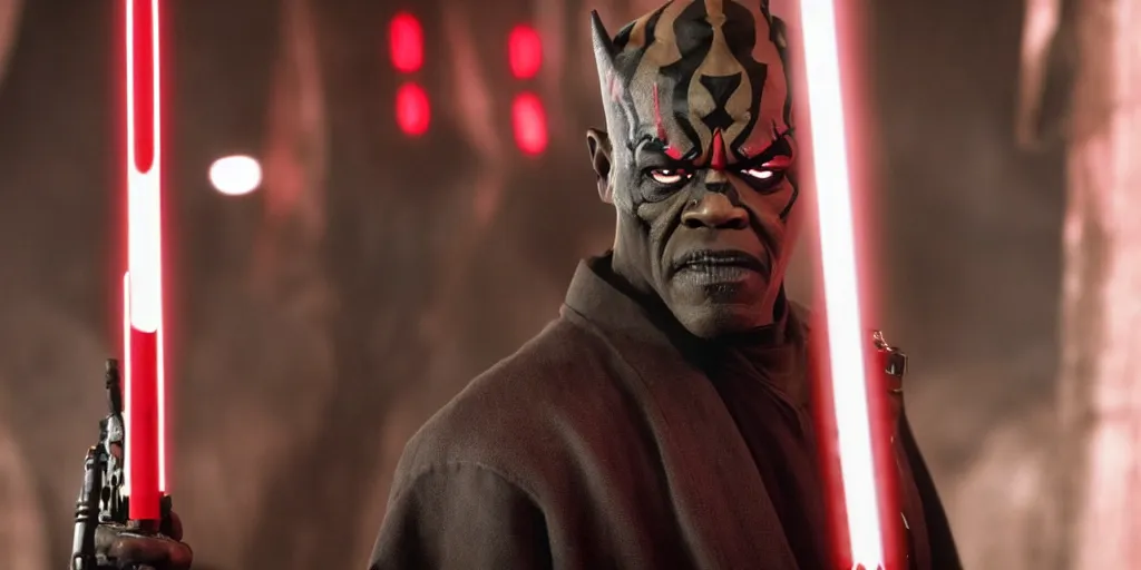 Image similar to a film still of samuel l. jackson starring in a blockbuster film as darth maul from star wars, shallow depth of field, cinematic, award winning cgi, vfx, film still