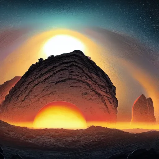 Prompt: fine illustration of exaggerated landscape gorge on an exoplanet, alien edifice, rock formations, twilight
