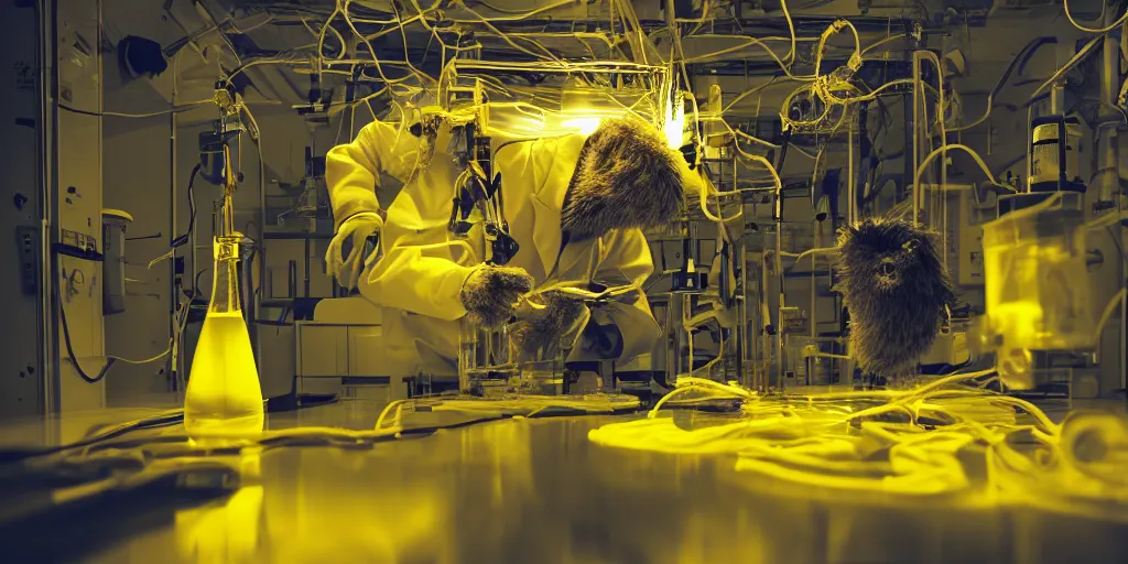 Prompt: hairy monster in laboratory clean room, photolithography, yellow artificial lighting, photorealistic, medium shot