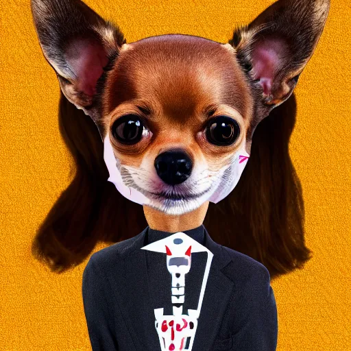 Prompt: professional portrait photo of a humanoid, with robotic parts on his face, honey color chihuahua dog, digital - art woman with a suit super hero, by rebecca sugar, artstation