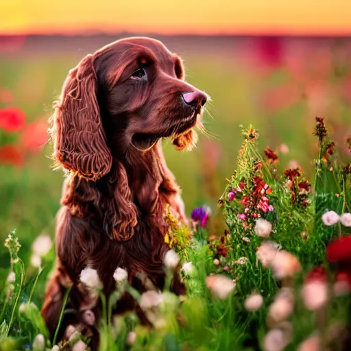 Prompt: Brown cocker spaniel in a field full of flowers, with sunset, well detailed, photo realistic
