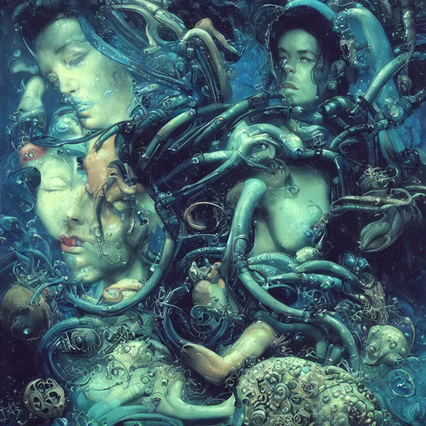 Prompt: an underwater close - up renaissance portrait of a woman surrounded by alien sea creatures. deep blue and green tones. night time. gloomy dark black background. highly detailed fantasy science fiction portrait painting by norman rockwell, moebius, frank frazetta, and syd mead. rich colors, high contrast. artstation