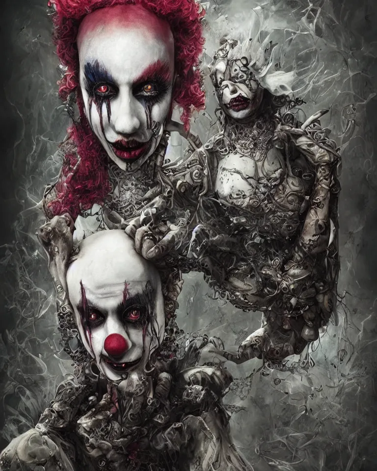 Prompt: Beautiful Hyperdetailed Clown Playing Card a cybergoth fantasy portrait by Santiago Caruso and Nekro and Seb McKinnon, vivid color, unstirred paint, cgsociety 4K.