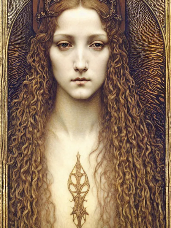 Image similar to detailed realistic beautiful young medieval queen face portrait by jean delville, gustave dore and marco mazzoni, art nouveau, symbolist, visionary, gothic, pre - raphaelite. horizontal symmetry