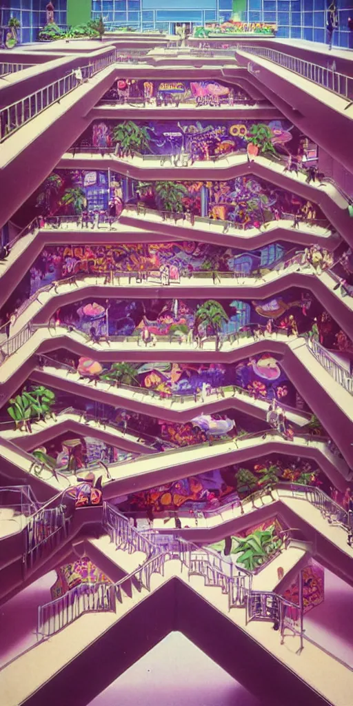 Image similar to huge sprawling gargantuan angular dimension of infinite indoor landscape 8 0 s mall interior. surrealism, mallsoft, vaporwave. muted colors, 8 0 s pop culture, food court, shot from above, endless, never - ending epic scale by escher and ricardo bofill