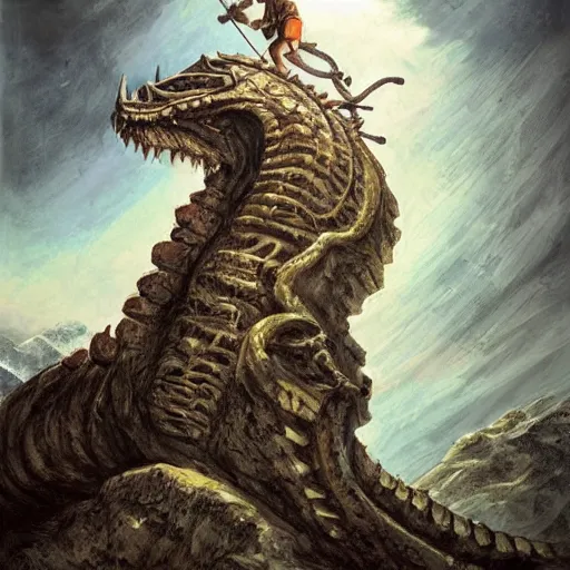 Image similar to rock climber climbing a giant ancient dragons skull, very detailed, fantasy art, dungeons and dragons, belaying, ropes, landscape, cover of national geographic