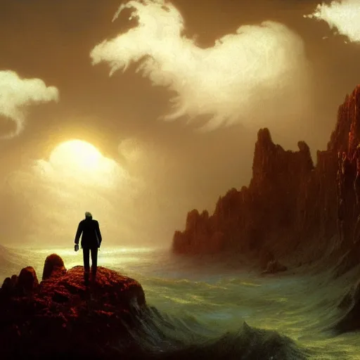 Image similar to A man made of clouds walking over a blood ocean, masterpiece, ultra detailed, unreal engine 5, illustration, Albert Bierstadt and Henri.