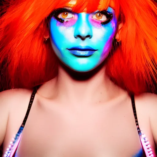 Prompt: Portrait of a beautiful cyberpunk android, blue lipstick, fluorescent pink face paint, bright orange hair, metallic cyan bodysuit