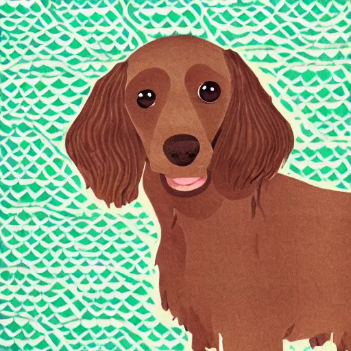 Image similar to cute brown spaniel by the seaside, parasols, bright towels, geometric, pop, lines, sketch, artwork
