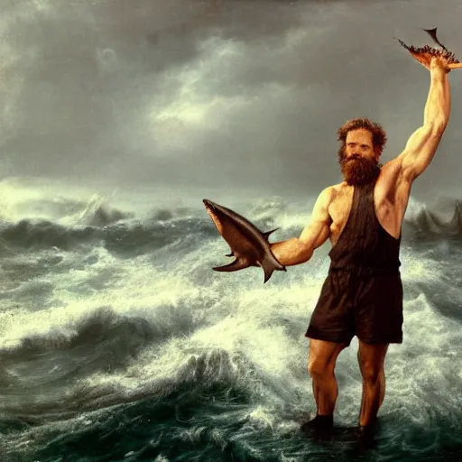 Image similar to An old sailor with a beard, Willem Dafoe, holds a shark at arm's length, stands against the background of a raging sea, the background is blurred, focus in the foreground, realism, details,