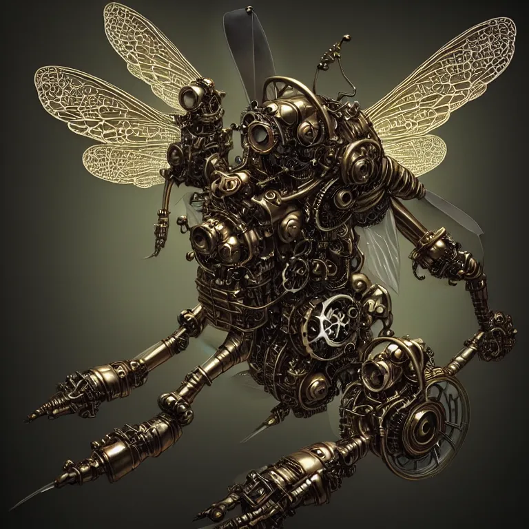 Prompt: steampunk cybernetic biomechanical bee with wings, 3 d model, unreal engine realistic render, 8 k, micro detail, intricate, elegant, highly detailed, centered, digital painting, artstation, smooth, sharp focus, illustration, artgerm, tomasz alen kopera, wlop