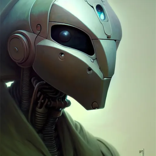 Prompt: detailed character concept art portrait of a masked robot, muted color palette, trending on artstation, award - winning video game concept art by jim burns and greg rutkowski, beksinski, a sci - fi concept art masterpiece, james gilleard, bruegel, alphonse mucha, and yoshitaka amano.