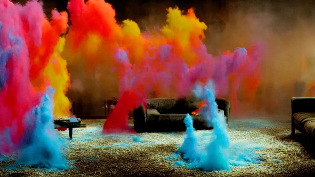 Image similar to colored powder explosion in the living room, film still from the movie directed by Denis Villeneuve with art direction by Salvador Dalí, wide lens