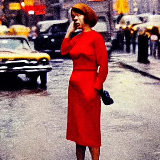 Prompt: grainy abstract expired film photo of a woman in red dress, talking angrily on mobile phone, gesticulating angrily, in 1960s New York City by Saul Leiter, 50mm lens, cinematic colors, oversaturated filter, blur, reflection, refraction, distortion, rain drops, smears, smudges, cinestill 800t