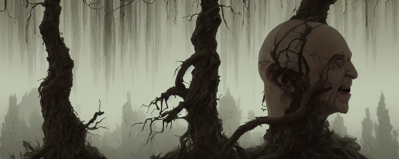 Image similar to duotone noir illustration close up of bald merchant demon sitting in midair among willow tree in medieval brown tunic. foggy evening. dark dream atmosphere with volumetric hellish lighting, by sachin teng and sergey kolesov and ruan jia and heng z. graffiti art, scifi, fantasy, hyper detailed. octane render. concept art. trending on artstation