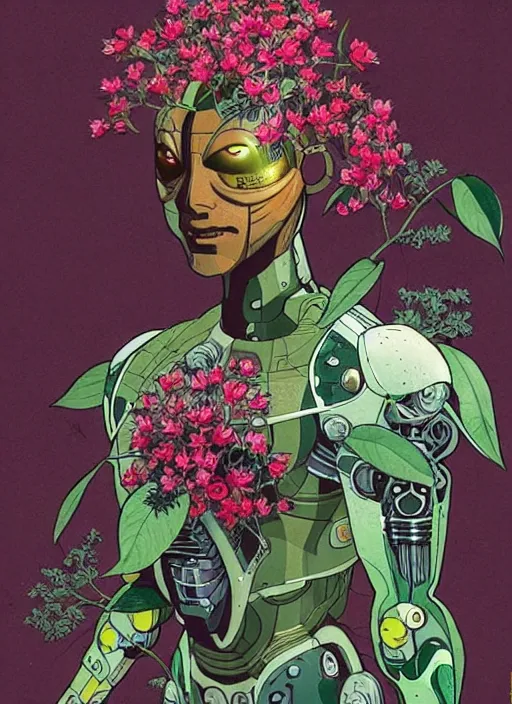 Image similar to a full body shot of cyborg in some plants with flowers for a face by satoshi kon and greg rutkowski, 7 0's vintage sci - fi flat surreal design