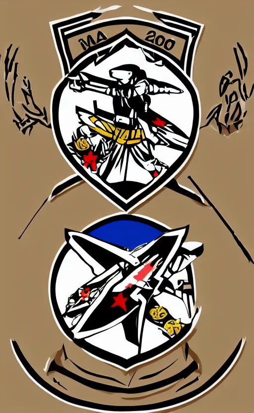 Prompt: patch design, military flags, soldier girl, 2022 anime style, clean logo, tattoo graphics, flight squadron insignia, soldier clothing, realistic military gear, inspired by shirt designer, draw with wacom tablet, round elements, vector line art, by shibafu, trending on pixiv, symbology, anime character anatomy, high resolution, matte, empty hands, realistic military carrier
