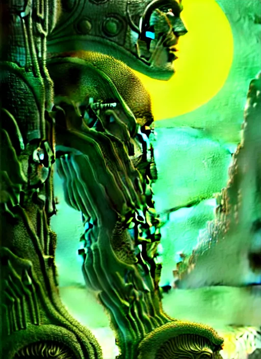 Prompt: portrait giant green humanoid with his fist up, brown armor, background ancient alien landscape, low angle, close up, concept art, intricate details, highly detailed, sci - fi poster, future, sci - fi art, in the style of chris foss, rodger dean, moebius, michael whelan, and gustave dore