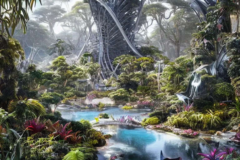 Prompt: brutalist futuristic white Aztec structures, manicured garden of eden, vivid pools and streams, tropical foliage, bromeliads, azaleas, birds, sculpture gardens, Winter, by Jessica Rossier and Brian Froud