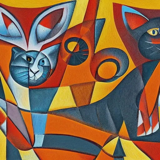 Image similar to A highly stylized conceptual art 4k shaded, finely detailed, matte illustration with intricate patterns of two abstract expressionist cats , their bodies intertwined together in the style of cubism Juan Gris