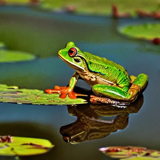 Image similar to close - up of a frog wearing a small crown, in the pond with water lilies, shallow depth of field, highly detailed, autumn, rain, bad weather, ominous, digital art, masterpiece, matte painting, sharp focus, matte painting, by isaac levitan, by monet, asher brown durand,