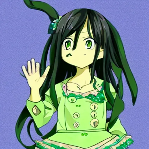 Image similar to tomoko kuroki dressed as an avocado anime art