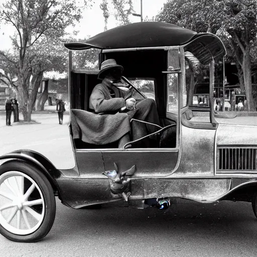 Prompt: a rabbit sitting inside a model t ford, black and white photograph