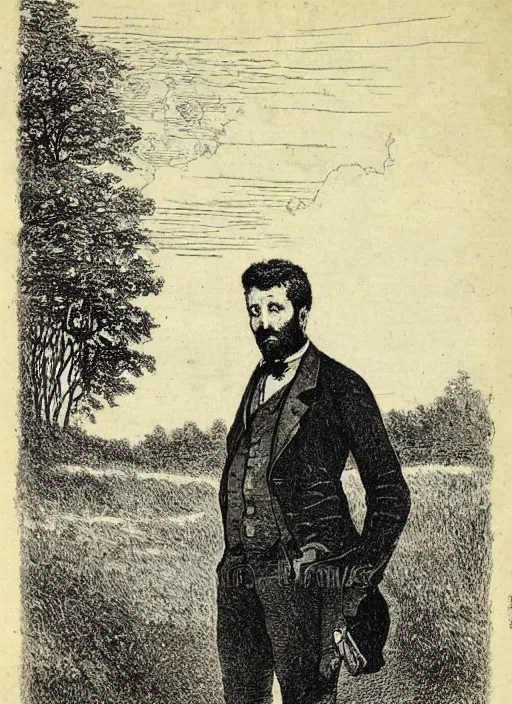 Image similar to 19th century wood-engraving of a man stand in front of a field looking confused, whole page illustration from Jules Verne book, art by Édouard Riou Jules Férat and Henri de Montaut, frontal portrait, high quality, beautiful, highly detailed, removed watermarks