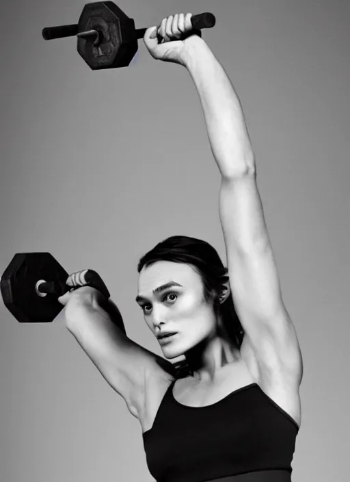 Image similar to Keira Knightley lifting weights, studio photography