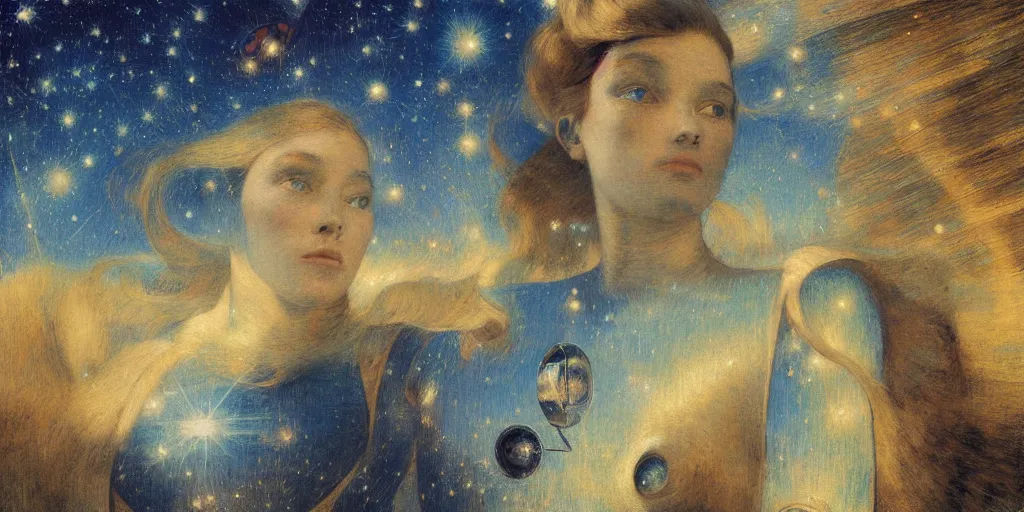 Image similar to portrait of a chrome female robot, reflections, mirroring, stars in space, rich clouds, warm azure tones, heavy lensflare, color bleed, film grain, depth of field, jules bastien - lepage, rudolph belarski, johfra bosschart, alexandre cabanel