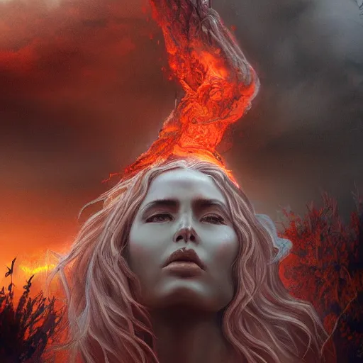 Prompt: a colossal goddess is watching us from above, creative, brown skin, giant, digital art, village, town, highly detailed, photo manipulation, up there, dark clouds, dark gray hair, digital painting, on fire, smoke, artstation