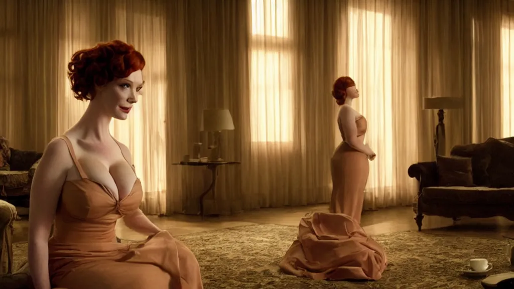 Image similar to Christina Hendricks in the living room, film still from the movie directed by Denis Villeneuve with art direction by Salvador Dalí, wide lens