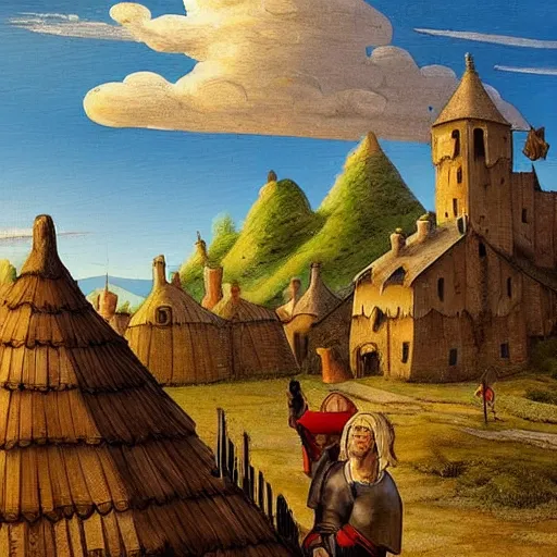 Prompt: Medieval village on the plains, a villager looking up. In place of the sky you can see an incredibly enormous colossal oversized massive dirigible-like ship. Extremely high detail, realistic, medieval fantasy art, masterpiece, art