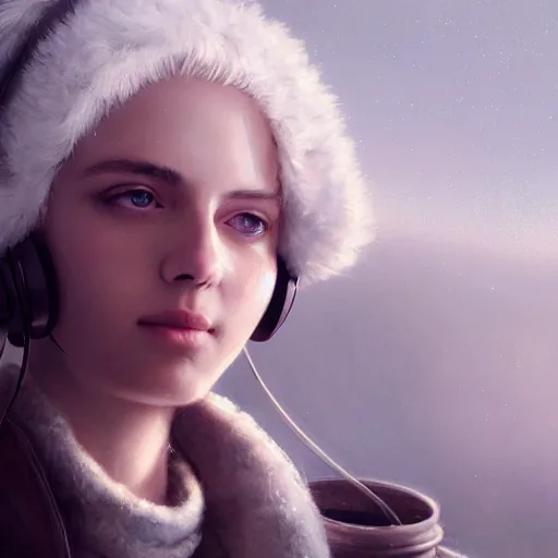 Image similar to a white haired girl wearing earmuffs with cyborg eyes, digital art, 8 k resolution, unreal engine, highly detailed, pretty face, very beautiful face, very detailed eyes, photorealistic by wlop, greg rutkowski