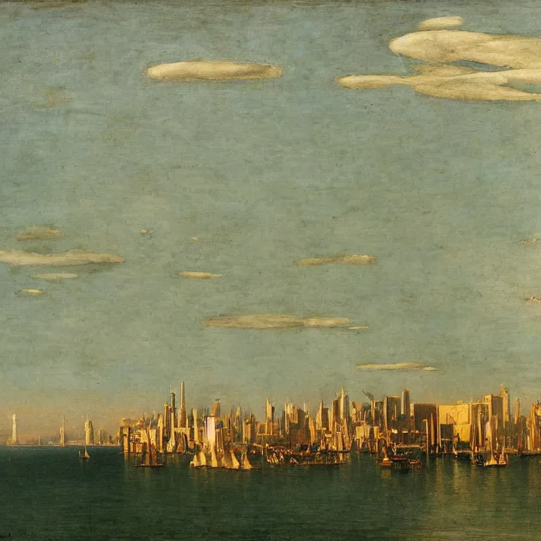 Image similar to a science fiction city harbour, painted by bierstadt and giorgio de chirico, tall buildings from the viewpoint of a bystander