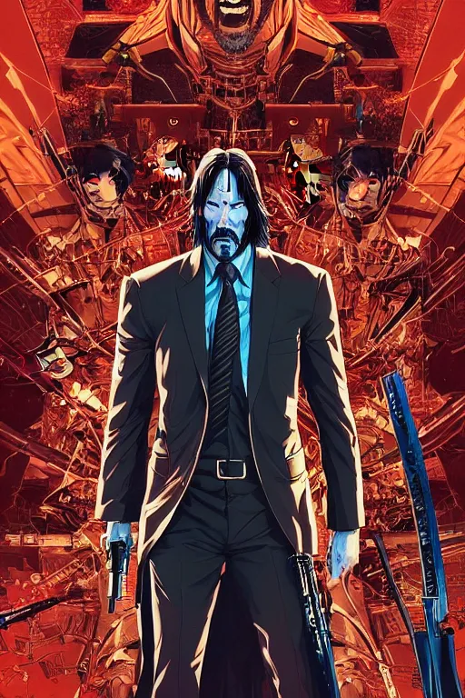 Image similar to poster of john wick as cyborg samurai, by yoichi hatakenaka, masamune shirow, josan gonzales and dan mumford, ayami kojima, takato yamamoto, barclay shaw, karol bak, yukito kishiro, highly detailed