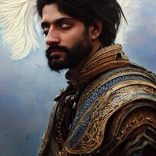 Image similar to portrait painting of a middle - eastern man with shoulder length hair wearing a tattered feather cloak and armor, ultra realistic, concept art, intricate details, eerie, highly detailed, photorealistic, octane render, 8 k, unreal engine. art by artgerm and greg rutkowski and charlie bowater and magali villeneuve and alphonse mucha