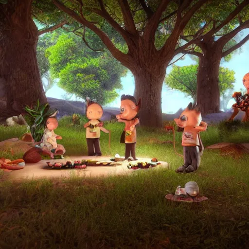 Image similar to a group of woobidoo\'s are playing with their dagnuggets by the jigidigi tree, detailed oil painting, a feeling of awe and inspiration, unreal engine 5